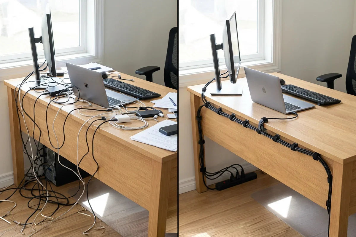 Side-by-side view of a home office desk before and after cable organisation, showing tangled leads versus neatly routed cables clipped along the desk with a power board mounted below.