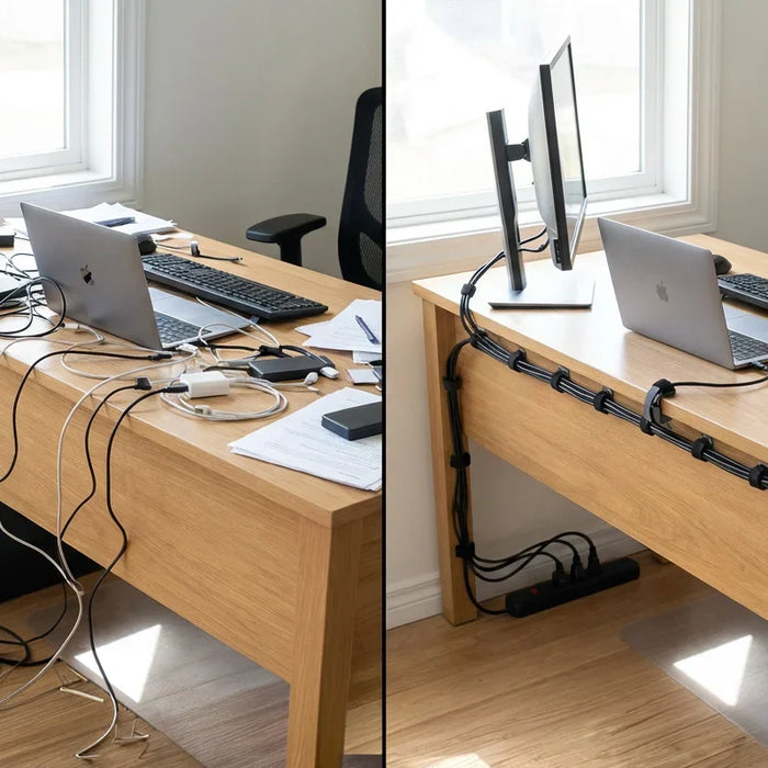 Side-by-side view of a home office desk before and after cable organisation, showing tangled leads versus neatly routed cables clipped along the desk with a power board mounted below.