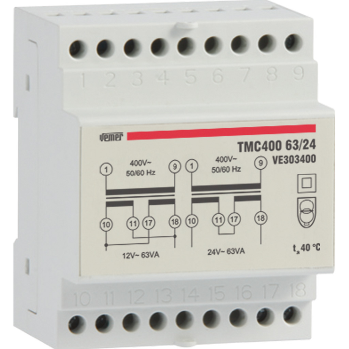 Vemer DIN Rail Mounting Transformer, Input 400VAC, Output 12