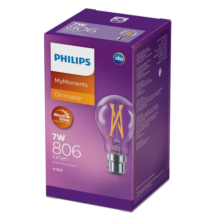 Philips 929002392049 LED Bulb Classic Filament 7-60W A60 B22 Clear WGD90 Dimmable
