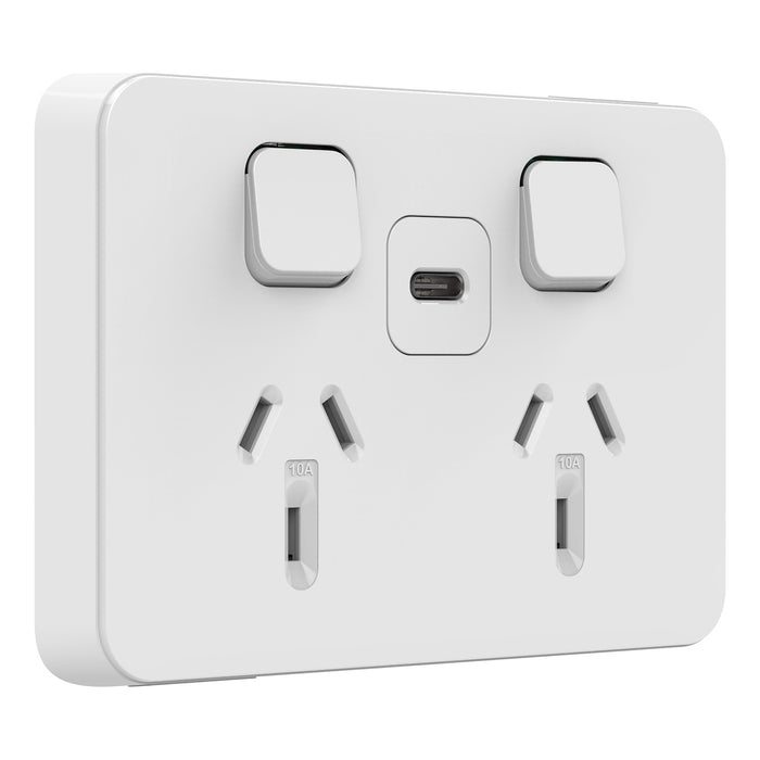 Iconic Twin socket with USB Type C, PDL Iconic, Fast charger, 25W, 10A, 220-240V, AC, vivid white
