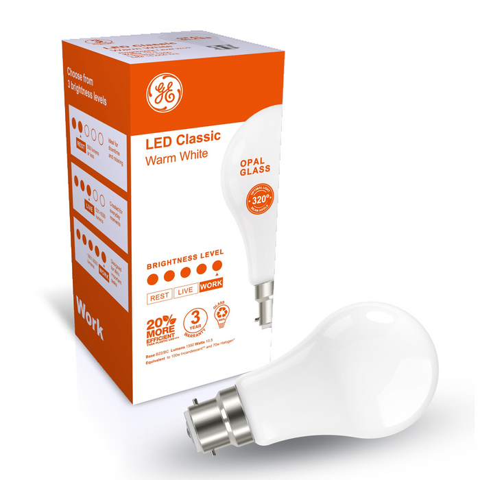 GE LED CLASSIC OPAL 10.5W 1350lm WW BC