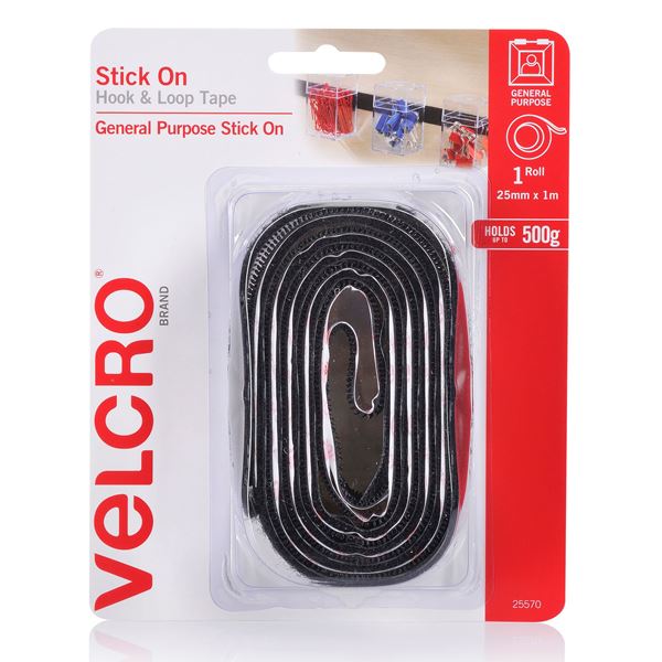 CDL Velcro 25mm x 1m Stick On Hook & Loop Tape - Black