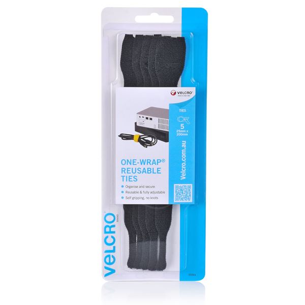 CDL Velcro 25mm x 200mm ONE-WRAP Reusable Hook & Loop 5 Pack Cable Ties - Black