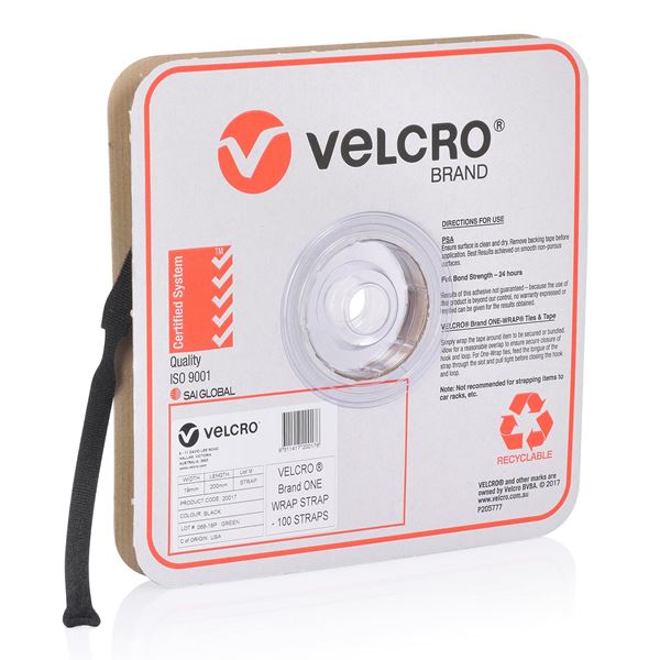 CDL Velcro One-Wrap Pre-Sized Ties Black 19 x 200mm 100pc