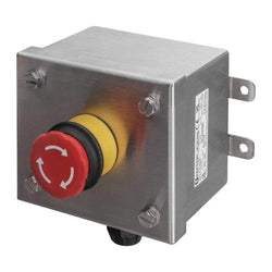 Kraus & Naimer Emergency Stop Twist to Release Mechanical Eye Indication with 24V AC/DC Luminous Ring Iminous ring 1 x self-monitoring contact & 1 x N/C contact block IP66/67 304 SS Enclosure with sloping lid welded mounting feet & single 20mm entry.
