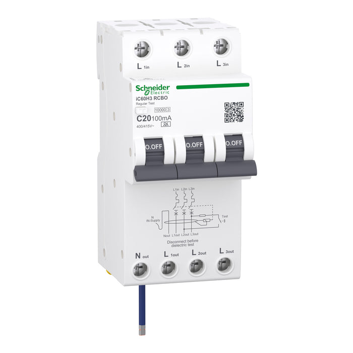 Schneider Electric A9 iC60H3 3P+Ns C Curve 20A 100mA A RCBO