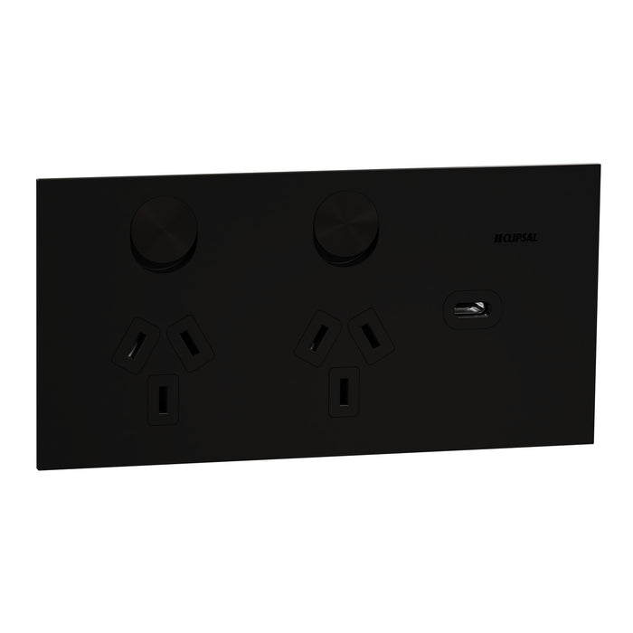 Clipsal Solis T Socket Sw Horiz Twin 1ExUSBC 10A Ebony Aluminium