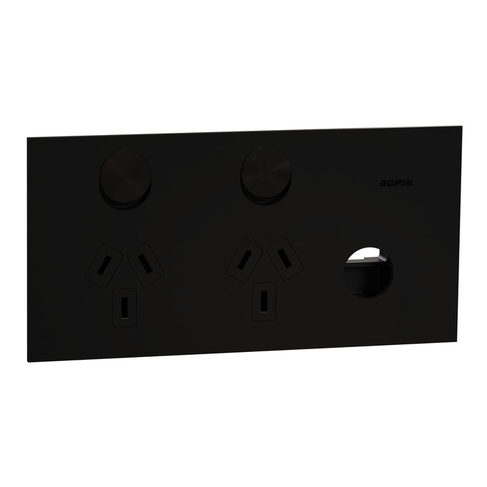 Clipsal Solis T Socket Sw Horiz Twin 1ExBLANK 10A Ebony Aluminium