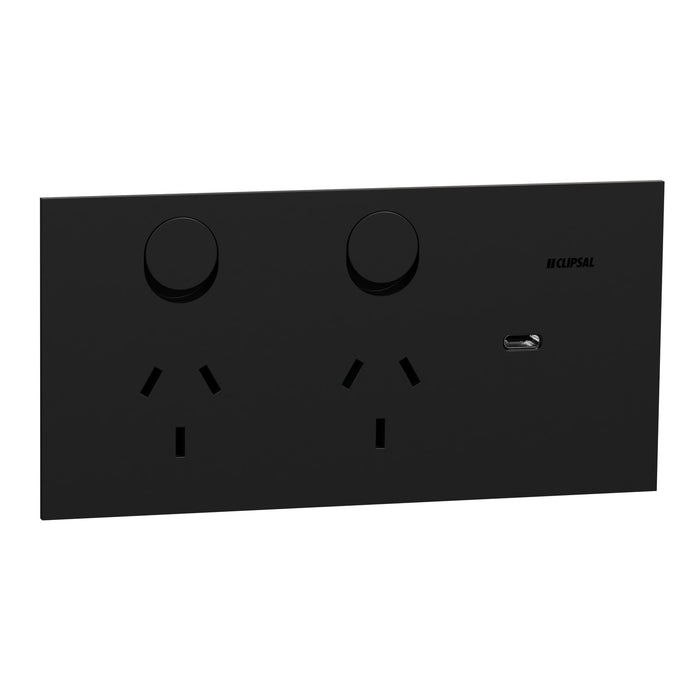 Clipsal Solis Socket Sw Horiz Twin 1ExUSBC 10A Matte Black