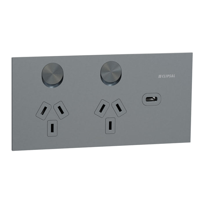Clipsal Solis T Socket Sw Horiz Twin 1ExUSBC 10A Platinum