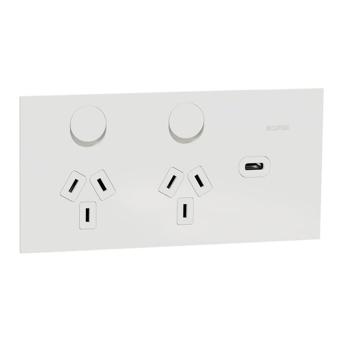 Clipsal Solis T Socket Sw Horiz Twin 1ExUSBC 10A White Ceramic