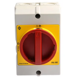 Kraus & Naimer 63A 22kW 3 Pole Isolator with 1xN/O LMEB & 1x N/C Aux IP66/67 SS Enclosed Red/Yellow Padlock Handle