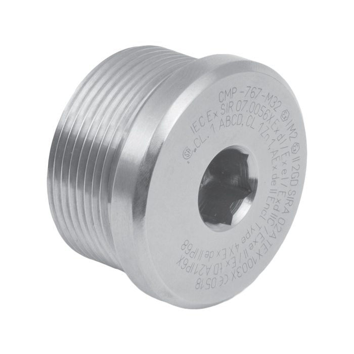 CMP 955110 Plug, Stopper, 767DM25 Nickel Plated Brass M20 Round Head, with Allen Key Slot, Ex d IIC / Ex e II