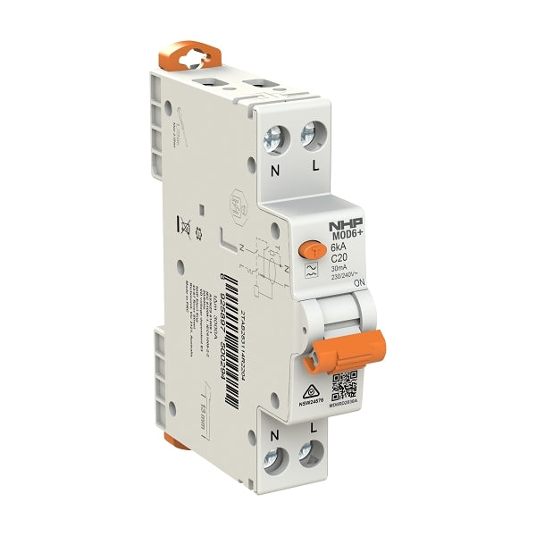 NHP MOD6+ RCBO 6kA 1P+N 25A C Curve 10mA TYPE A DOUBLE SCREW