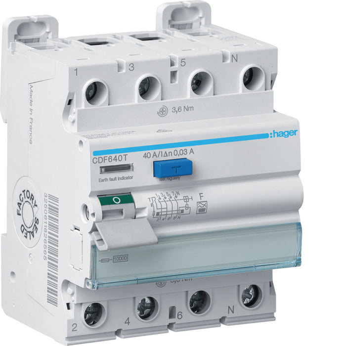Hager RCCB 3P+N 40A 30mA Type F