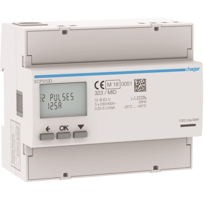 Hager 3Ph kWh Meter Direct 125A 6M S0 Mid