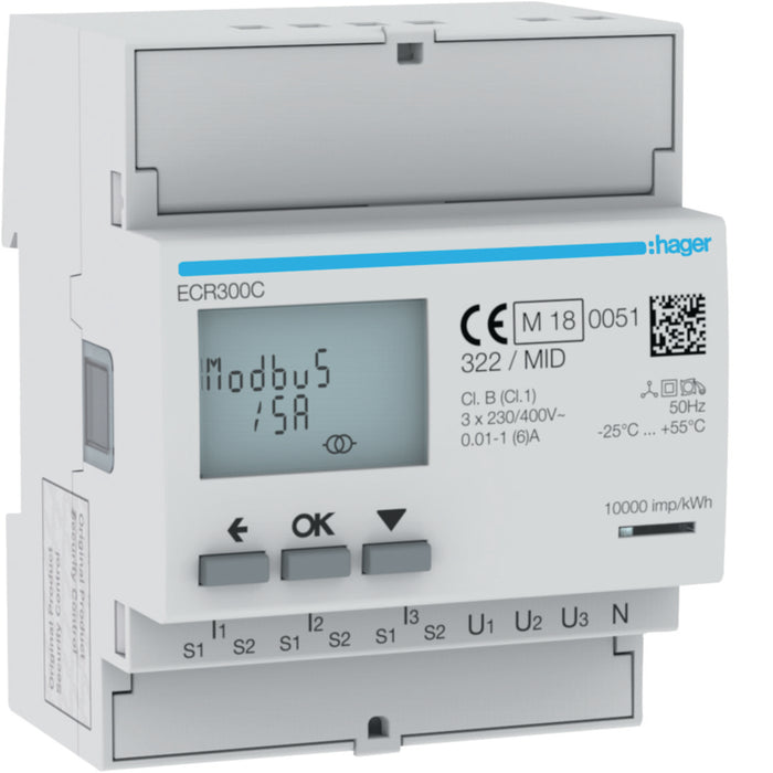 Hager 3Ph kWh Meter Via CT 1-5A 4M Modbus Mid
