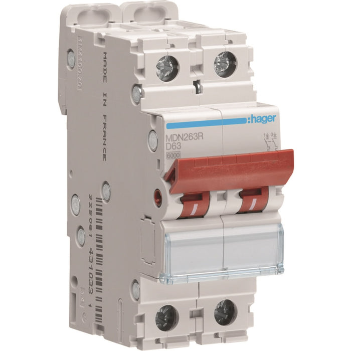 Hager MCB 2P 6kA D-63A 2M Red Toggle