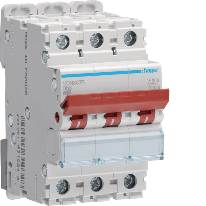 Hager MCB 3P 6kA D-63A 3M Red Toggle