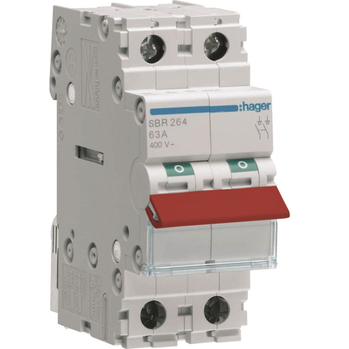 Hager 2P 63A Switch Red Toggle 35Sq Terminal