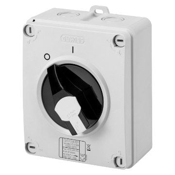Gewiss Isolator Plastic Encl IP66 Black Knob 25A AC23A 4P 125x150x75.5mm
