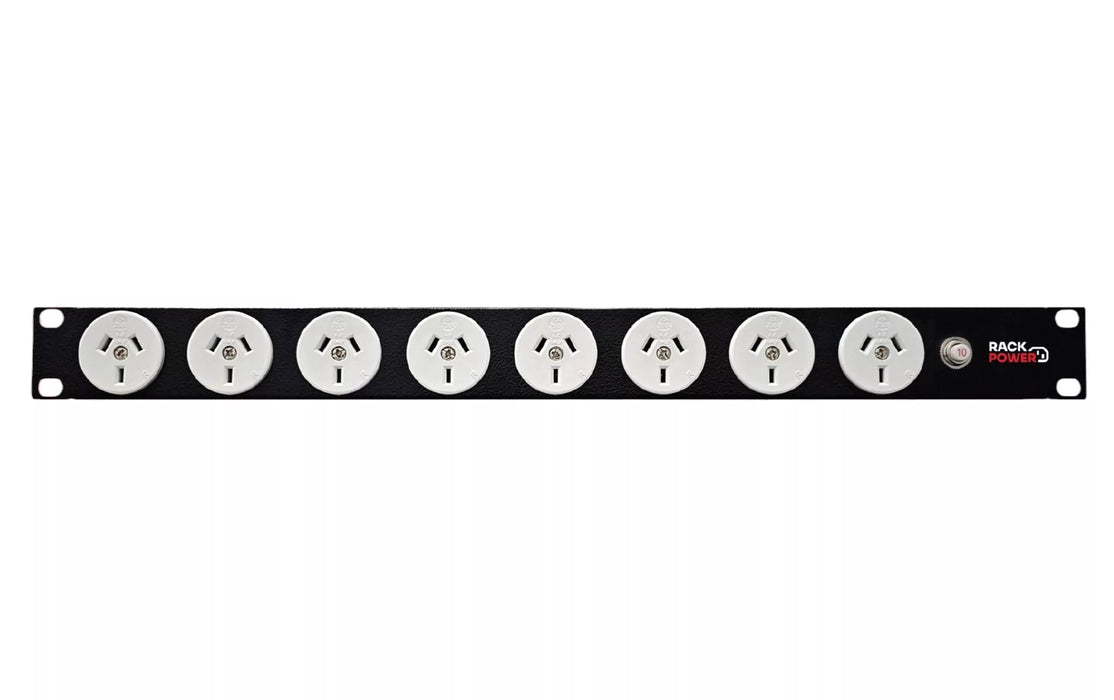 Rackpower Flex Power Strip 8X10A 3Pin Outlets 19 Inch 1RU 10A Overload 10A C14 IEC Inlet. Supplied With 2M 3Pin Power Cord & Mounting Kit