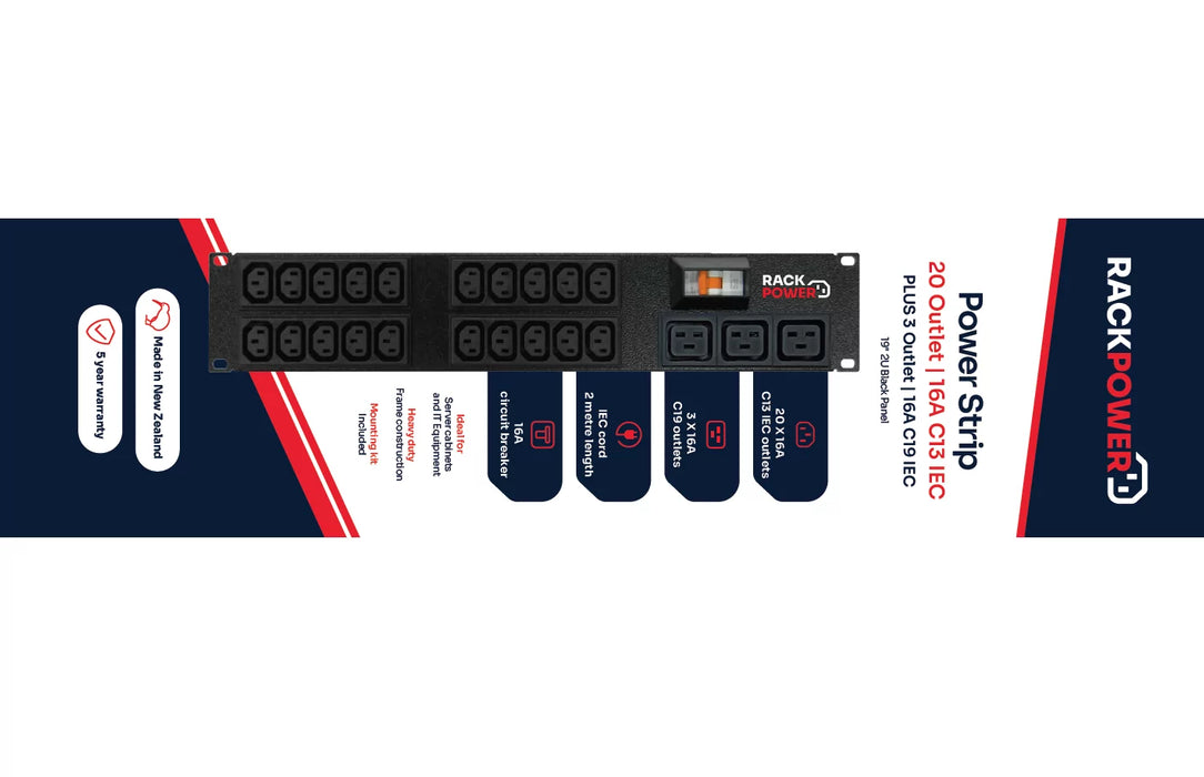 Rackpower Power Strip 20X10A C13 IEC 3X16A C19 IEC Outlets 19 Inch 2Ru 16A 6Ka C Curve Cb IEC C20 16A Inlet 2M IEC Cord Locking Socket