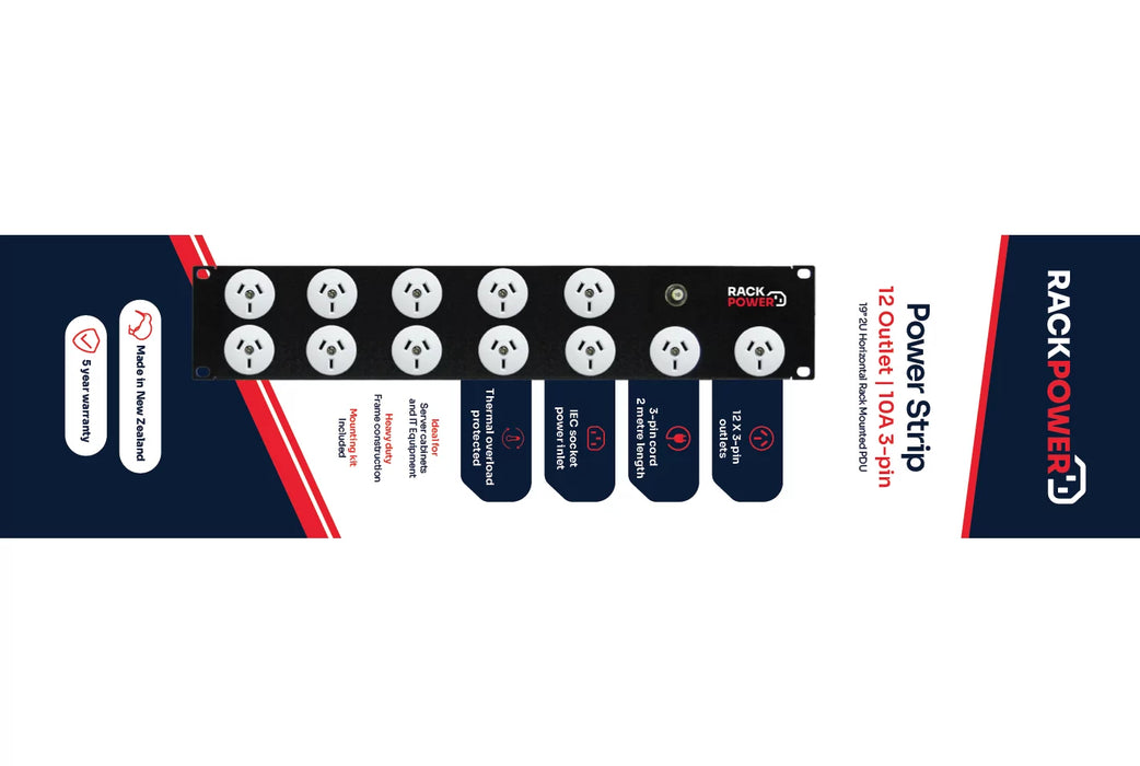 Rackpower Flex Power Strip 12X10A 3Pin Outlets 19 Inch 2Ru 10A Overload 10A C14 IEC Inlet 2M 3Pin Power Cord & Mounting Kit