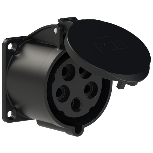 Emptec Socket 32Amp 5pole IP44 6h Black Panel Flanged Straight