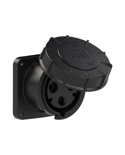 Emptec Socket 63Amp 3pole IP67 6h Black Panel Flanged Straight