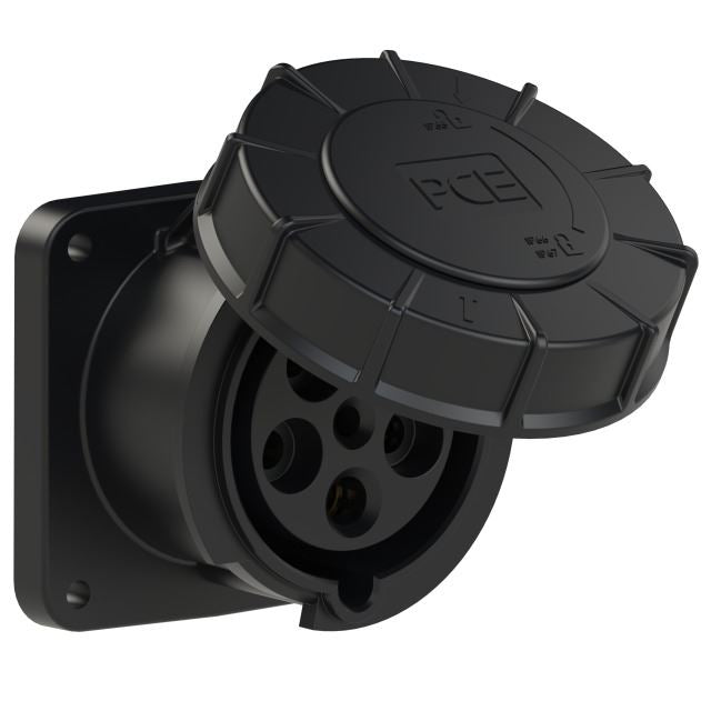 Emptec Socket 63Amp 5pole IP67 6h Black Panel Flanged Straight