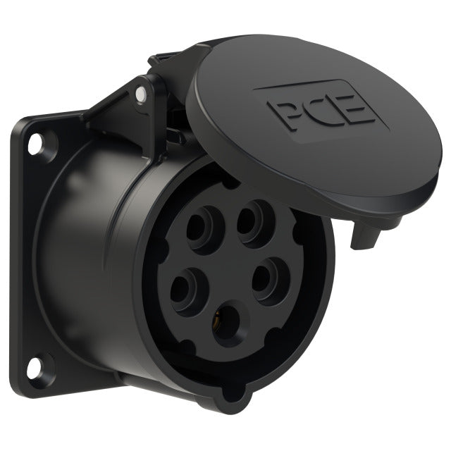 Emptec Socket 16Amp 5pole IP44 6h Black Panel Flanged Straight