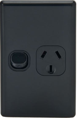 Tradesave Sleek Single 10A Vertical Power Point. Removable Cover. Flame Resistant. Matt Black