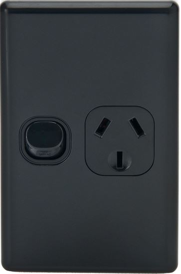 Tradesave Sleek Single 10A Vertical Power Point. Removable Cover. Flame Resistant. Matt Black