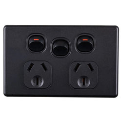 Tradesave Sleek Double 10A Power Point with Extra 16A Switch. Removable Cover. Matt Black