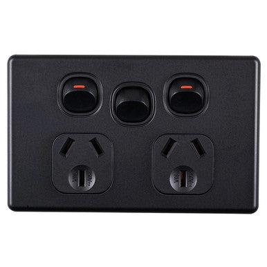 Tradesave Sleek Double 10A Power Point with Extra 16A Switch. Removable Cover. Matt Black