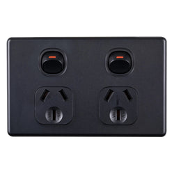 Tradesave Sleek Double 10A Horizontal Power Point. Removable Cover. Flame Resistant. Matt Black