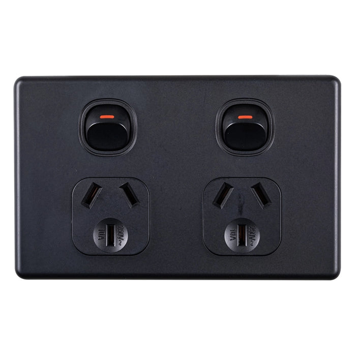 Tradesave Sleek Double 10A Horizontal Power Point. Removable Cover. Flame Resistant. Matt Black