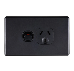 Tradesave Sleek Single 10A Horizontal Power Point. Removable Cover. Flame Resistant. Matt Black