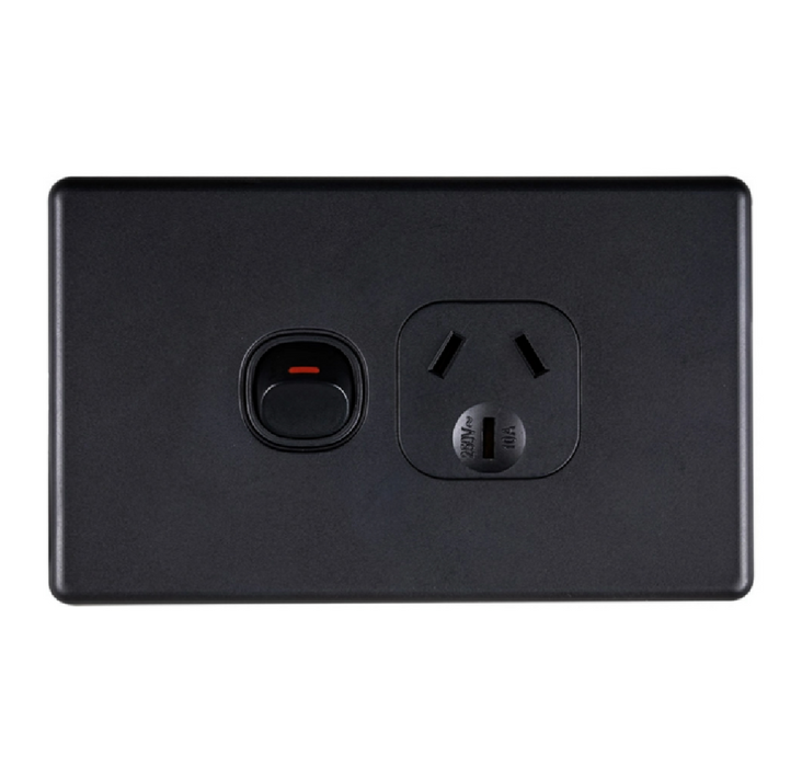 Tradesave Sleek Single 10A Horizontal Power Point. Removable Cover. Flame Resistant. Matt Black