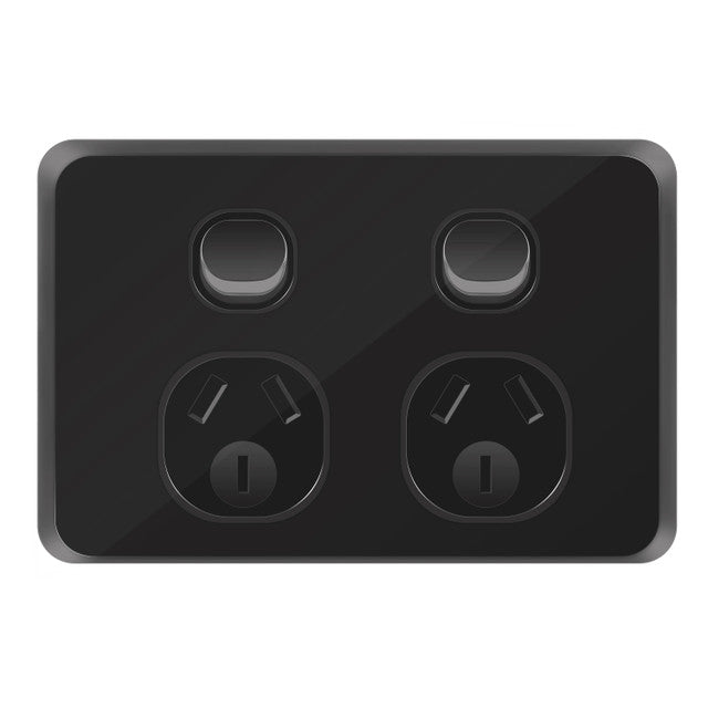 Tradesave Sleek Double 15A Horizontal Power Point. Removable Cover. Flame Resistant. Matt Black