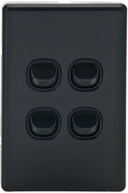Tradesave Sleek 16A 2-Way Vertical 4 Gang Switch. Flame Resistant. Matt Black