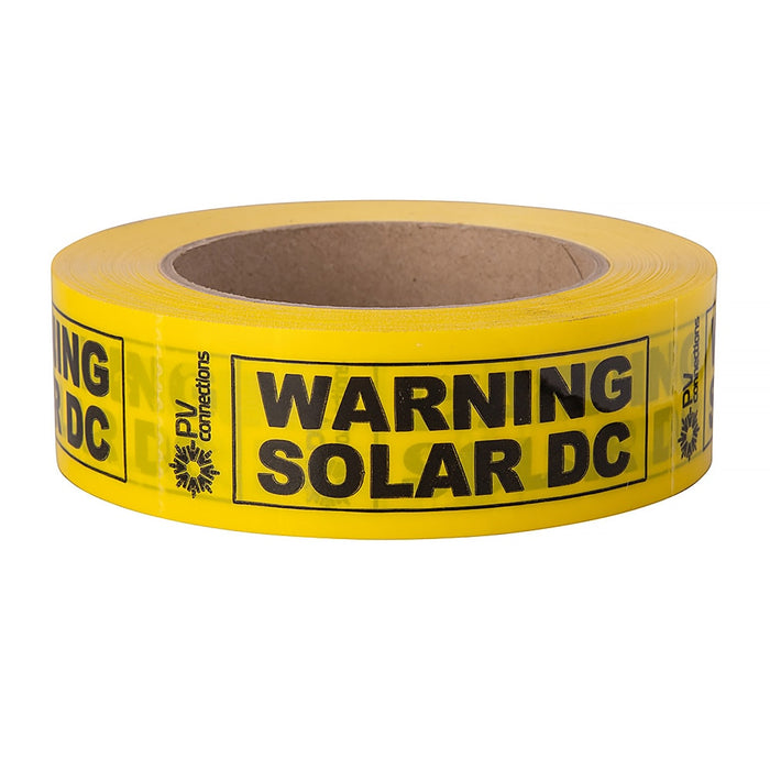 ECS "WARNING SOLAR DC" Adhesive Warning Tape 30mm x 50mtr Roll indoor use - Yellow