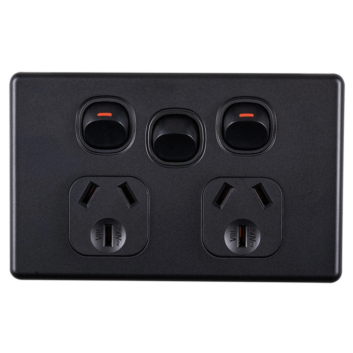 Tradesave Sleek 10A Double Power Point with Extra 16A Switch - Matt Black