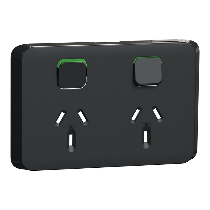 PDL Switched Socket Skin Iconic Double Horizontal 15A Black