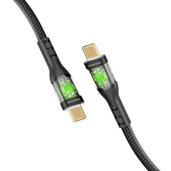 Promate 2m USB-C to USB-C Cable with Transparent Connectors & LEDs
