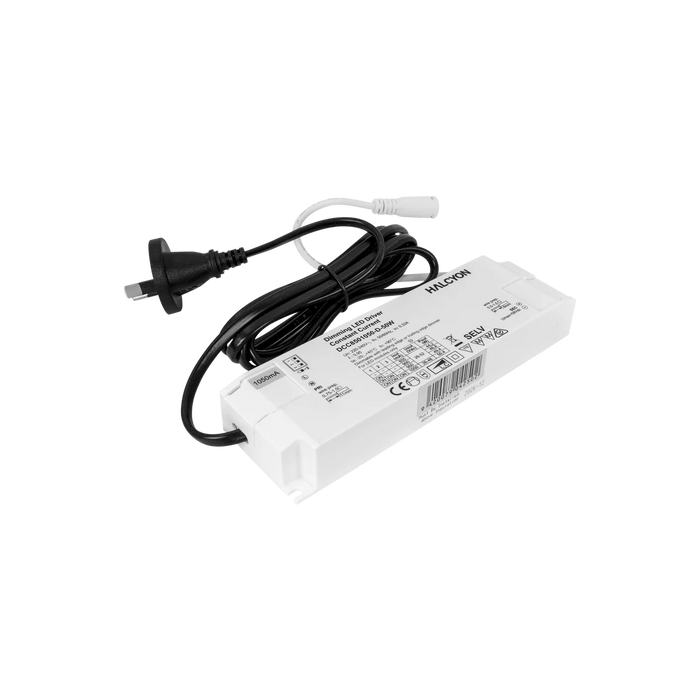 Halcyon Driver Phase-Cut Dimmable Pri:240V Sec: 26-48V DC Preset 1050mA 27-50W c/w QC Panel Secondary Cable 1.5m Lead 2 Pin Plug (Selectable 850/900/950/1050mA)