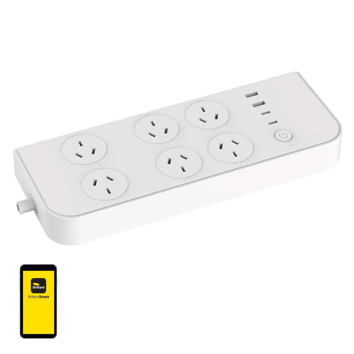 Brilliant Smart 6 Outlet Powerboard USB A & C - White