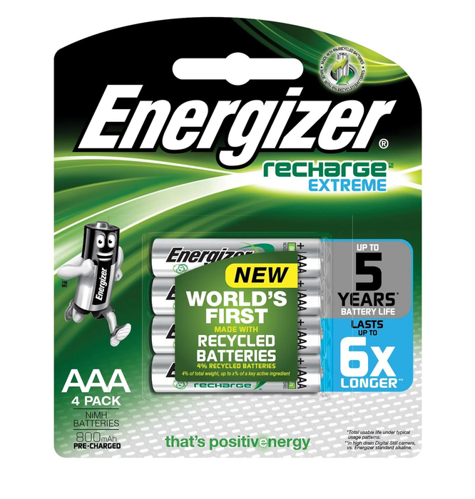 Energizer E000018700 Battery 1.2V AAA Size Rechargeable NiMH 800mAh 4 Pack
